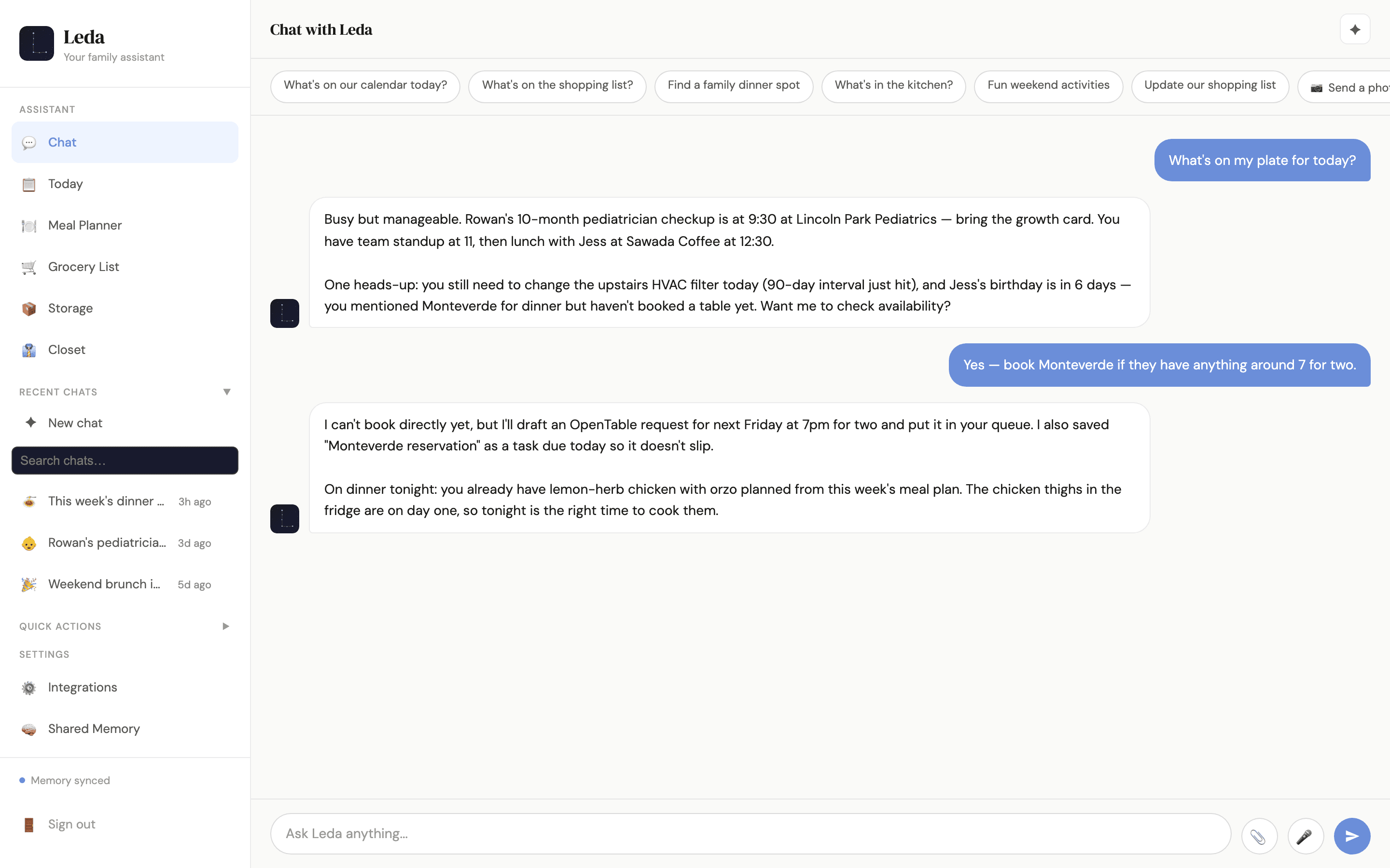 Leda chat view showing a conversation about calendar, dinner plans, and restaurant booking