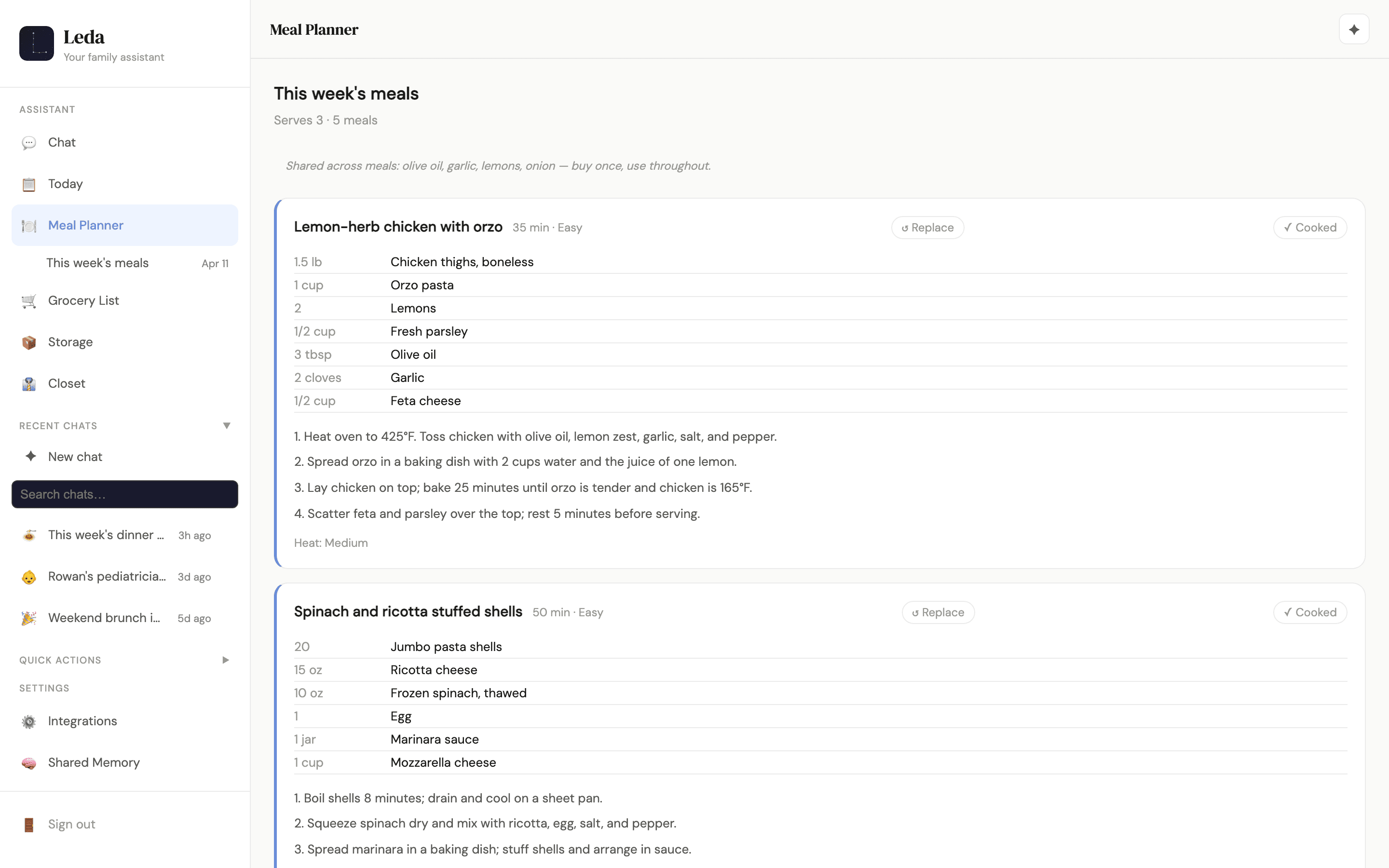 Leda Meal Planner view showing this week's meals with ingredients and instructions