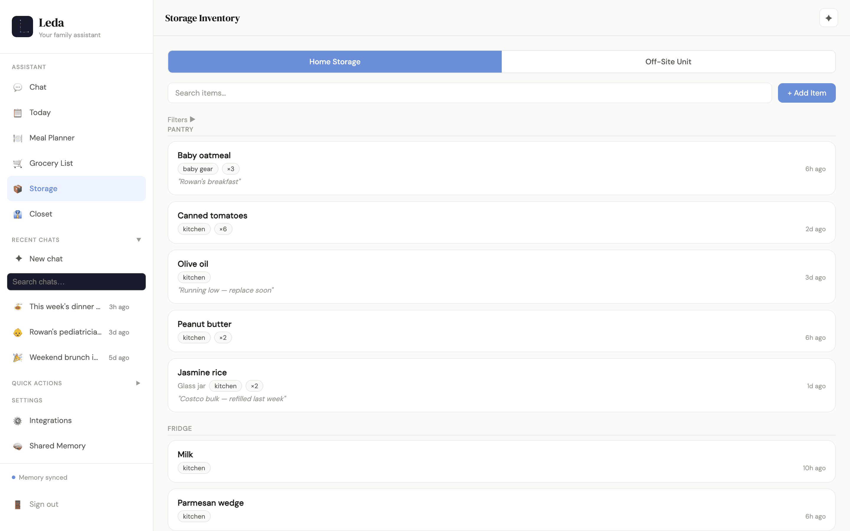 Leda Storage Inventory view showing pantry items with quantities and ages