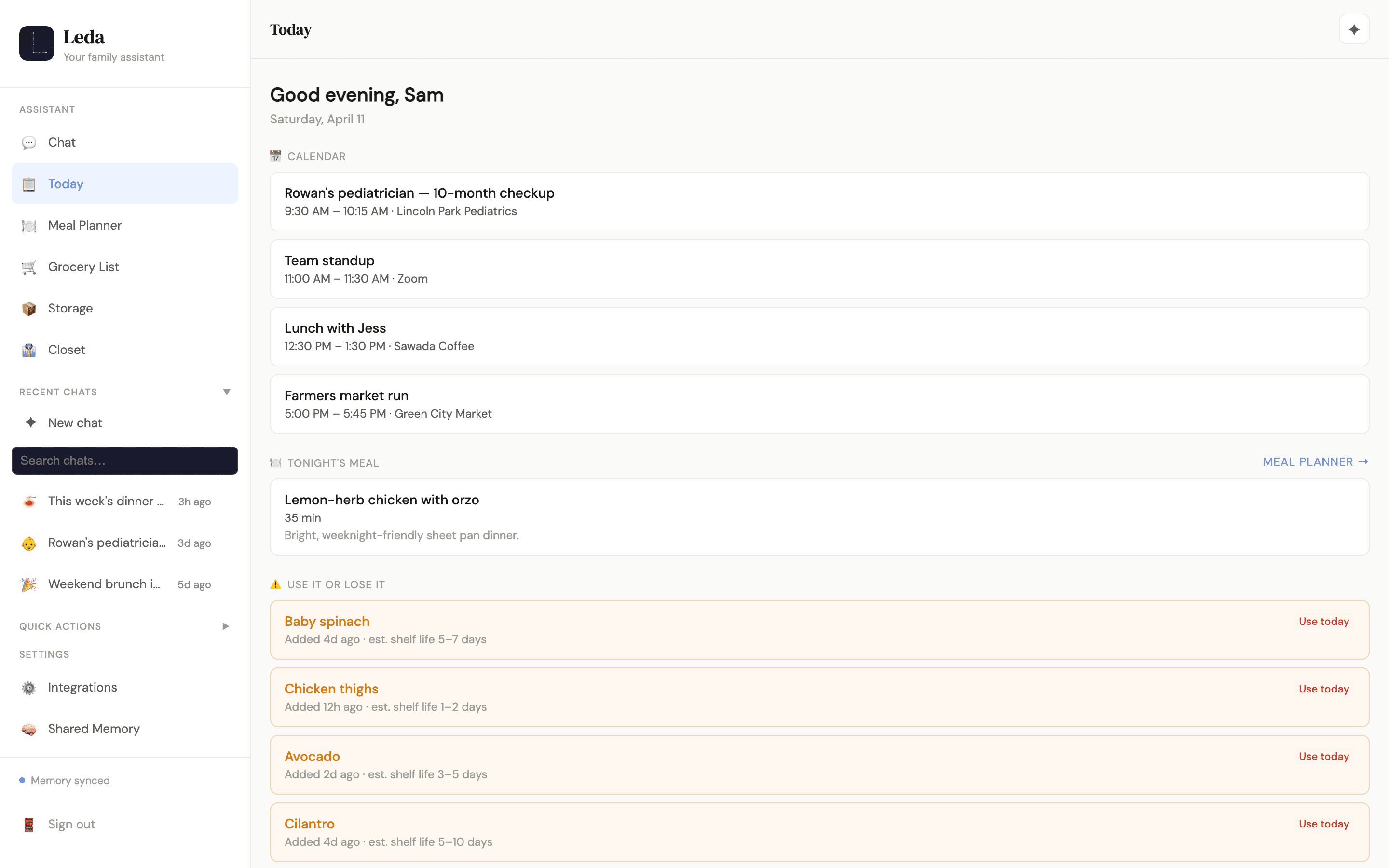 Leda Today view showing calendar events, tonight's meal, and perishable alerts